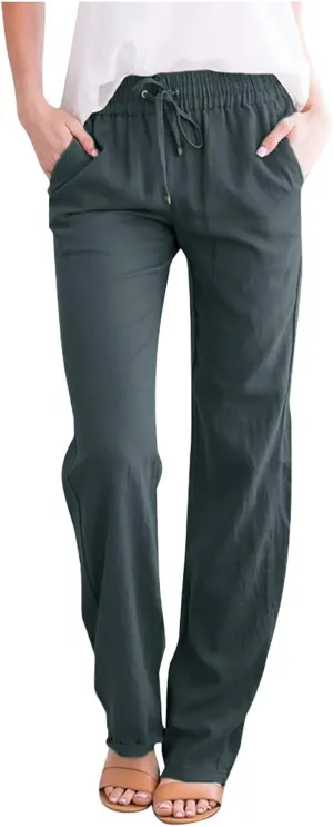 Womens Casual Cotton Linen Pants Lightweight Elastic Waist Pant Summer Lounge Pant Drawstring Trousers with Pockets