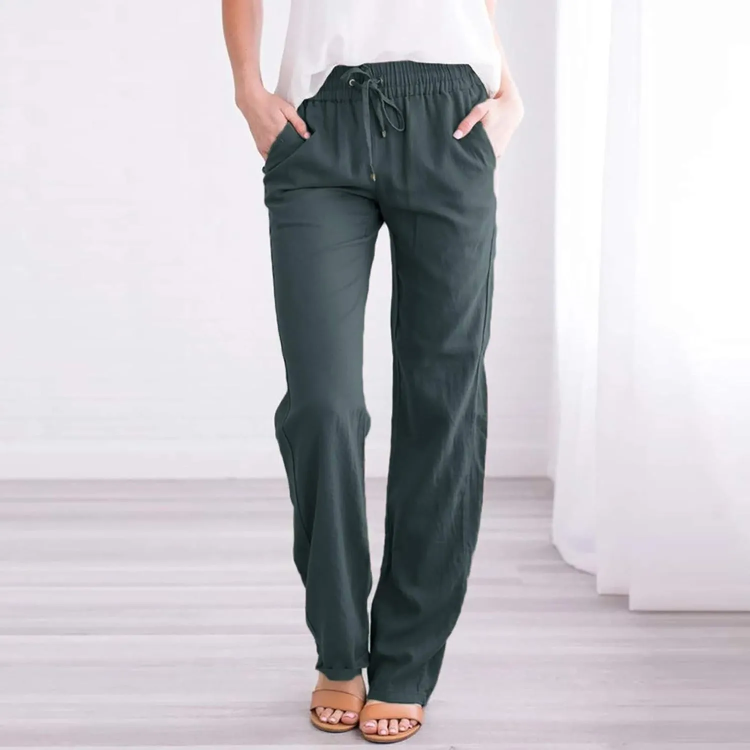 Womens Casual Cotton Linen Pants Lightweight Elastic Waist Pant Summer Lounge Pant Drawstring Trousers with Pockets