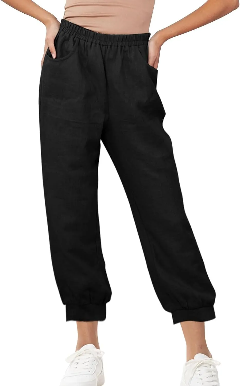 Womens Casual Cotton Linen Pants Lightweight Summer Relax Fit Elastic Waist Solid Color Lounge Trousers with Pockets