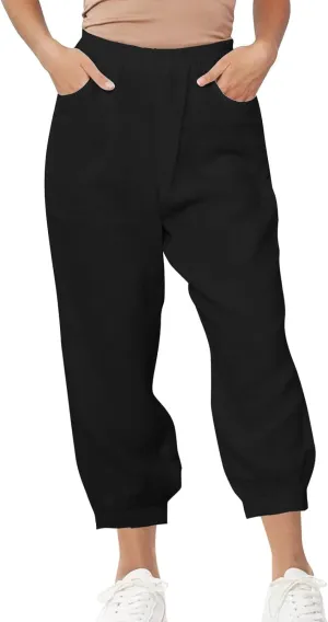 Womens Casual Cotton Linen Pants Lightweight Summer Relax Fit Elastic Waist Solid Color Lounge Trousers with Pockets