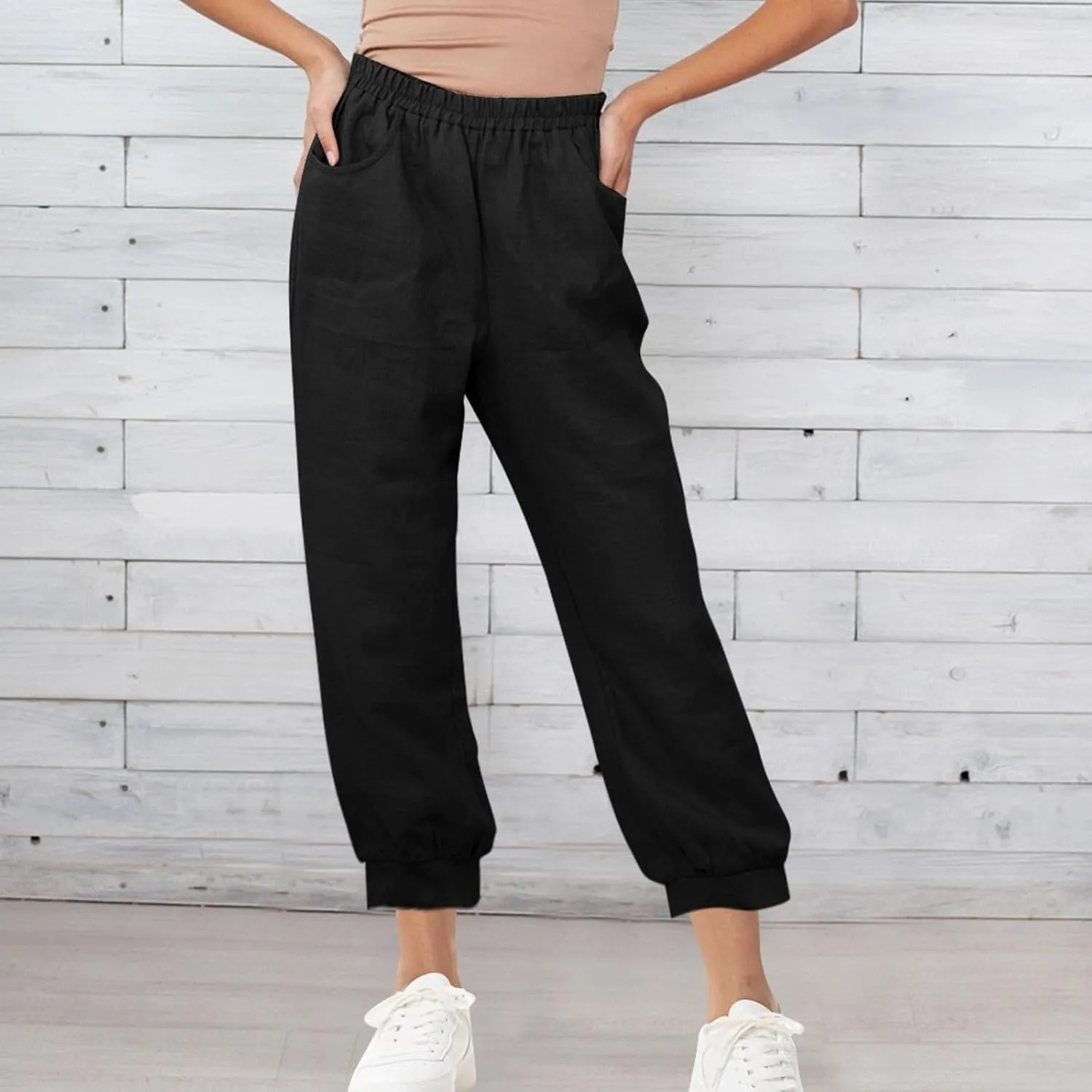 Womens Casual Cotton Linen Pants Lightweight Summer Relax Fit Elastic Waist Solid Color Lounge Trousers with Pockets