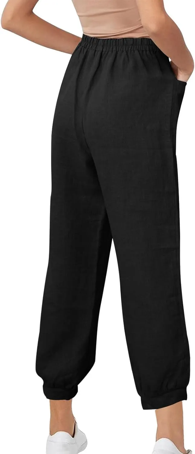 Womens Casual Cotton Linen Pants Lightweight Summer Relax Fit Elastic Waist Solid Color Lounge Trousers with Pockets