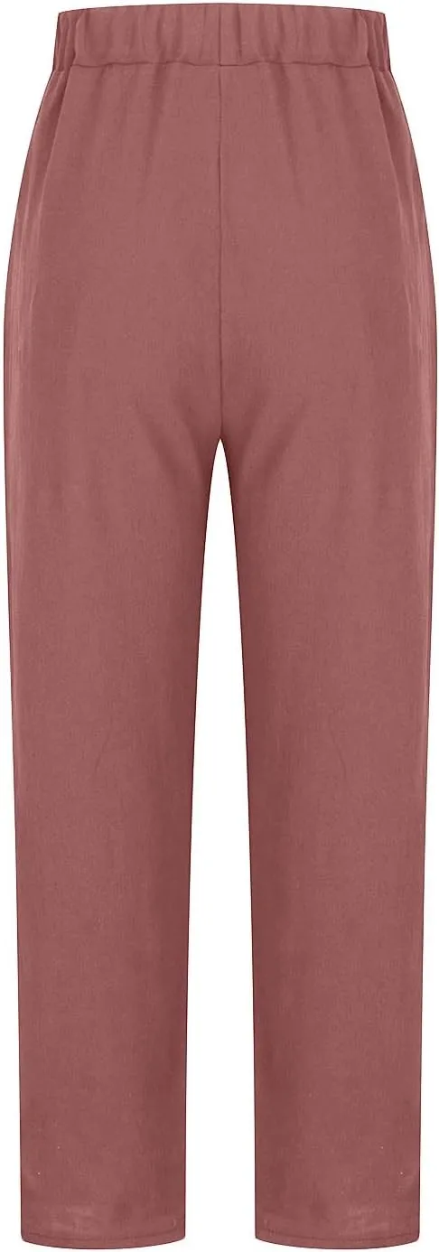 Women's Casual Cotton Linen Pants Tapered Capri Cargo Pants Loose Elastic Waist Ankle Cropped Trousers with Pockets