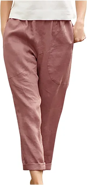 Women's Casual Cotton Linen Pants Tapered Capri Cargo Pants Loose Elastic Waist Ankle Cropped Trousers with Pockets