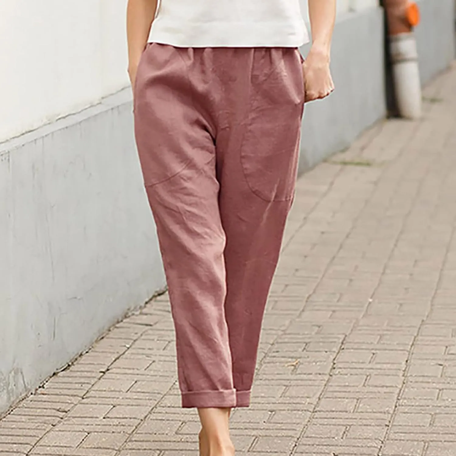 Women's Casual Cotton Linen Pants Tapered Capri Cargo Pants Loose Elastic Waist Ankle Cropped Trousers with Pockets