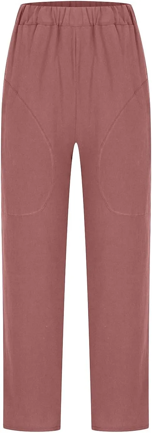 Women's Casual Cotton Linen Pants Tapered Capri Cargo Pants Loose Elastic Waist Ankle Cropped Trousers with Pockets