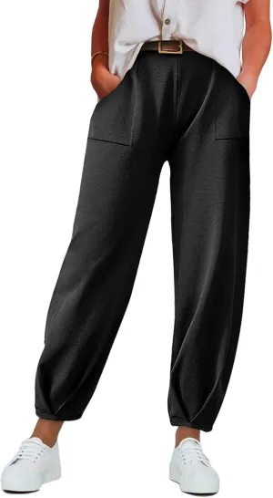 Women's Casual Lantern Tapered Harem Pants Summer Baggy High Elastic Waisted Loose Fit Pleated Trousers with Pockets
