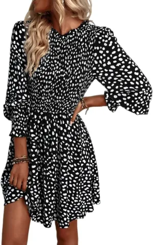 Women's Casual Ruffle Mock Neck Mini Dress, Long Sleeve Floral Printed Smocked Top Hem Flowy Short Dresses