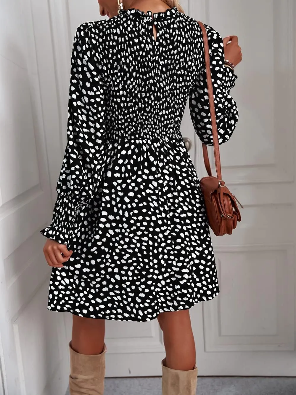 Women's Casual Ruffle Mock Neck Mini Dress, Long Sleeve Floral Printed Smocked Top Hem Flowy Short Dresses