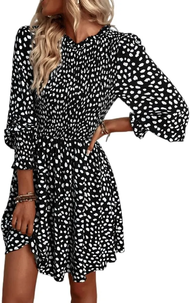Women's Casual Ruffle Mock Neck Mini Dress, Long Sleeve Floral Printed Smocked Top Hem Flowy Short Dresses