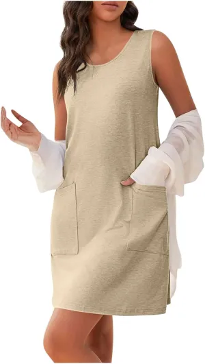 Womens Casual Summer Dresses 2025 Vacation Loose Fit Mini Dress Sleeveless Crewneck Boho Beach Sundress with Pocket