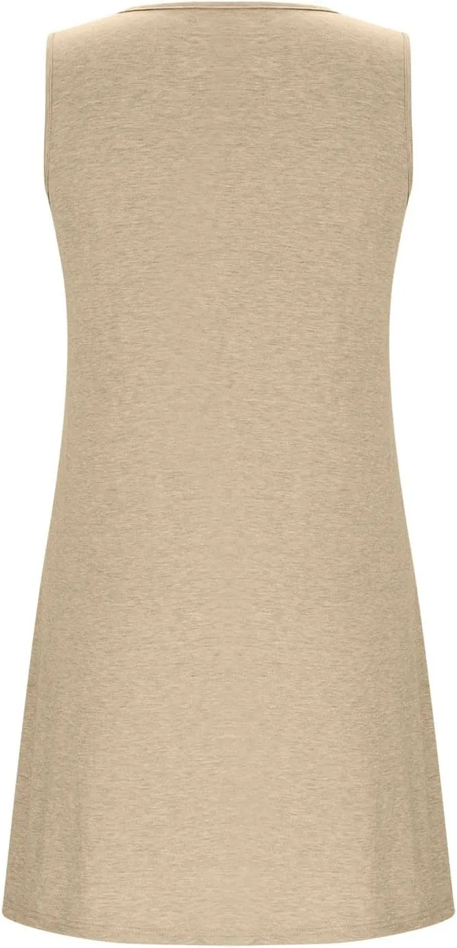 Womens Casual Summer Dresses 2025 Vacation Loose Fit Mini Dress Sleeveless Crewneck Boho Beach Sundress with Pocket