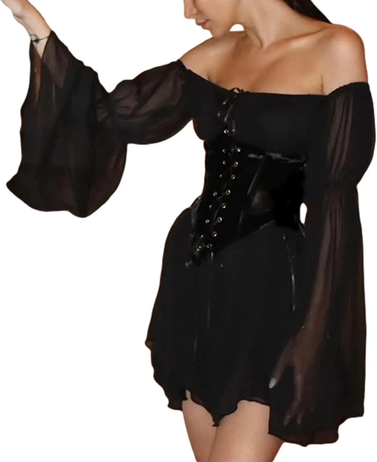 Women's Chiffon Off Shoulder Mini Dress Ruffle Lace Up Long Sleeve Flowy Mesh A-Line Short Dress Without Bustier
