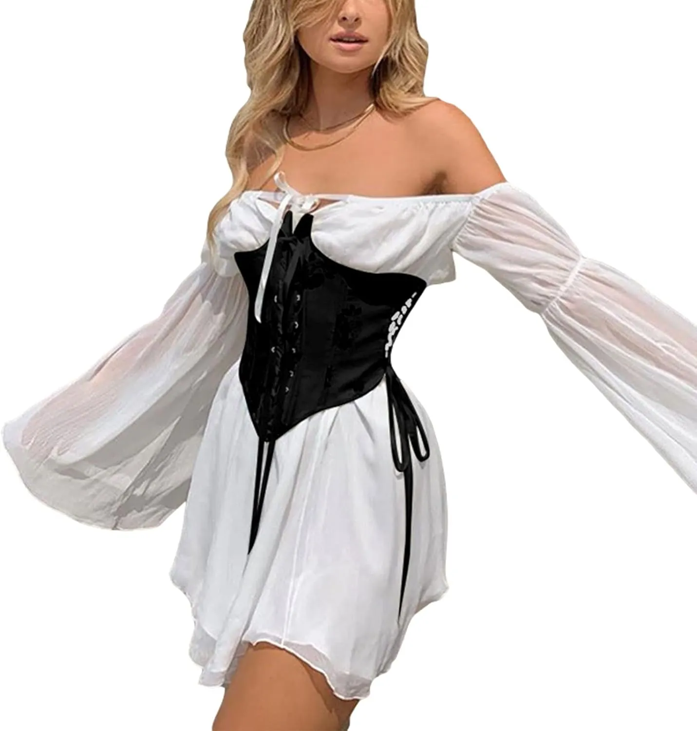 Women's Chiffon Off Shoulder Mini Dress Ruffle Lace Up Long Sleeve Flowy Mesh A-Line Short Dress Without Bustier