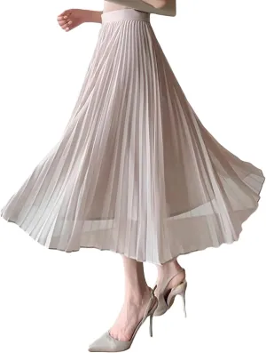 Womens Chiffon Pleated Midi Skirts High Elastic Waist Party A-Line Skirt Elegant Ruched Summer Swing Maxi Skirt