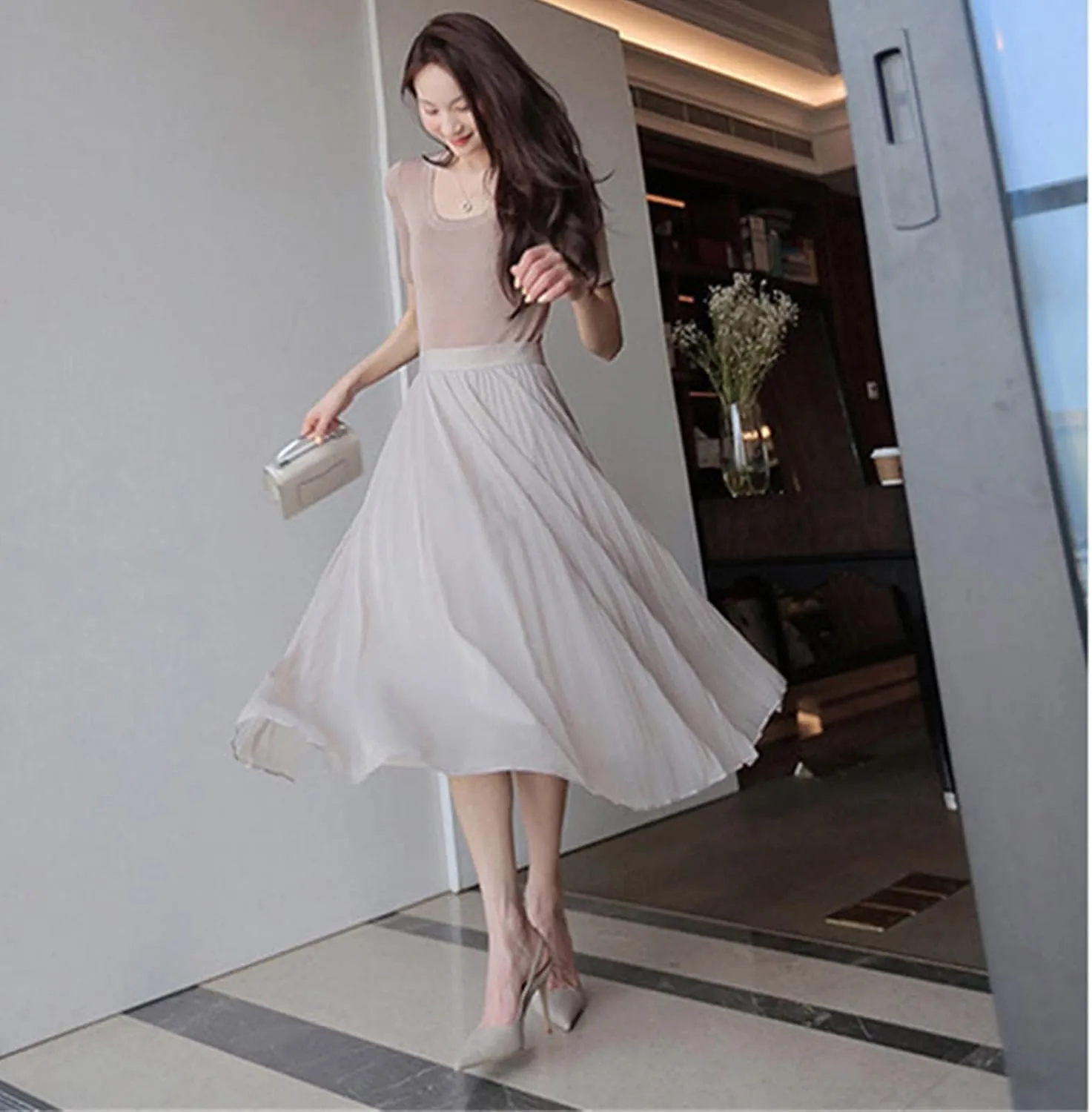 Womens Chiffon Pleated Midi Skirts High Elastic Waist Party A-Line Skirt Elegant Ruched Summer Swing Maxi Skirt