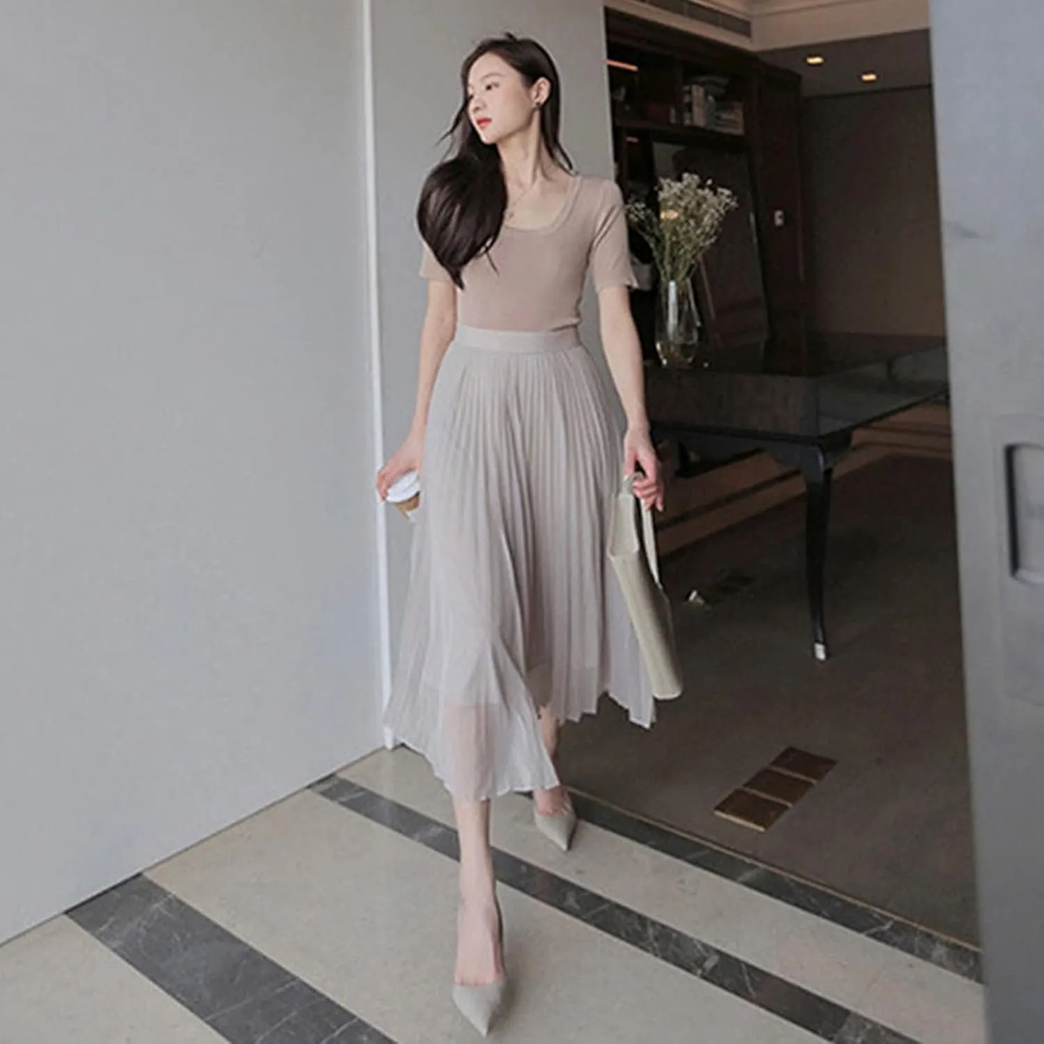 Womens Chiffon Pleated Midi Skirts High Elastic Waist Party A-Line Skirt Elegant Ruched Summer Swing Maxi Skirt