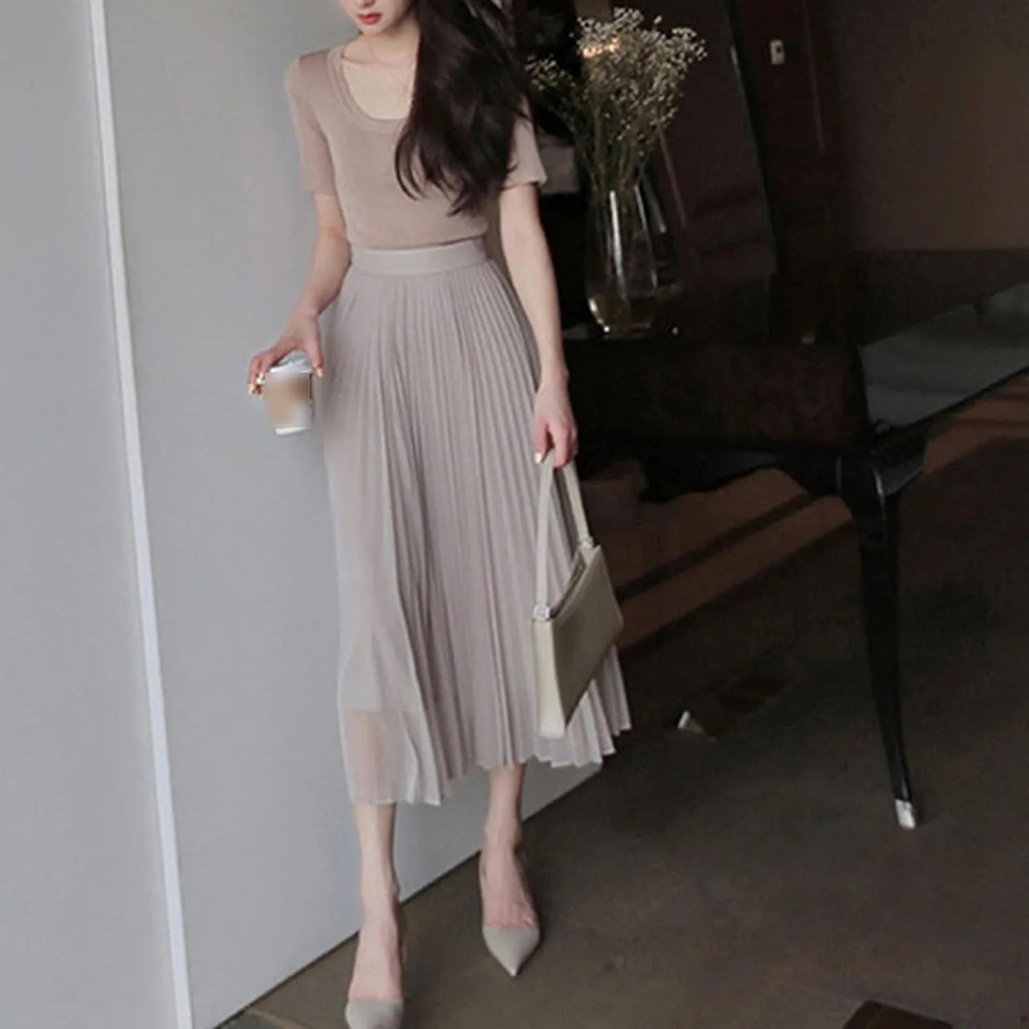 Womens Chiffon Pleated Midi Skirts High Elastic Waist Party A-Line Skirt Elegant Ruched Summer Swing Maxi Skirt