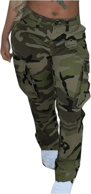 Women's Classic Camouflage Cargo Pants High Waist Straight Leg Combat Army Trousers Multicolor Pocket Camo Cargo Pant