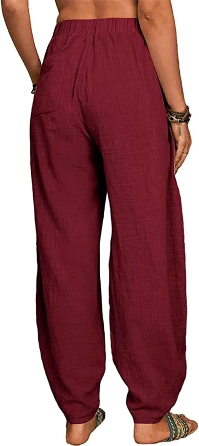 Womens Cotton Linen Harem Pants High Waisted Loose Fit Casual Trousers Elastic 2025 Summer Beach Palazzo Pants Pockets