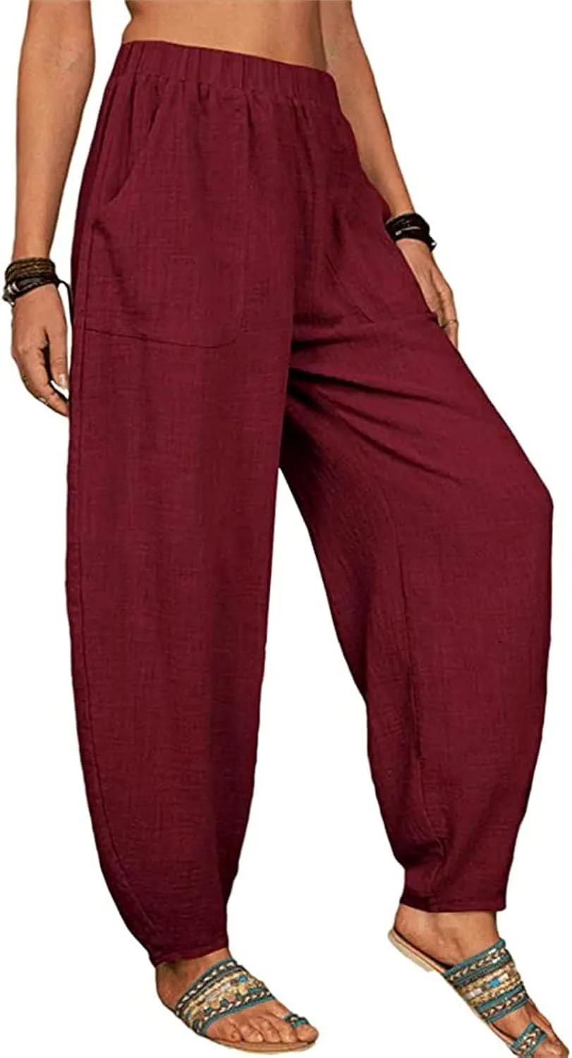 Womens Cotton Linen Harem Pants High Waisted Loose Fit Casual Trousers Elastic 2025 Summer Beach Palazzo Pants Pockets