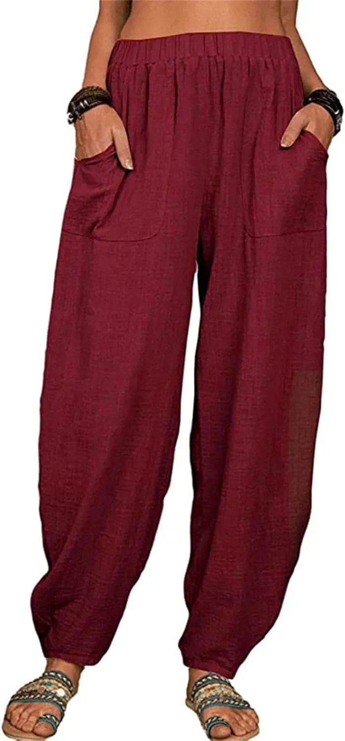 Womens Cotton Linen Harem Pants High Waisted Loose Fit Casual Trousers Elastic 2025 Summer Beach Palazzo Pants Pockets