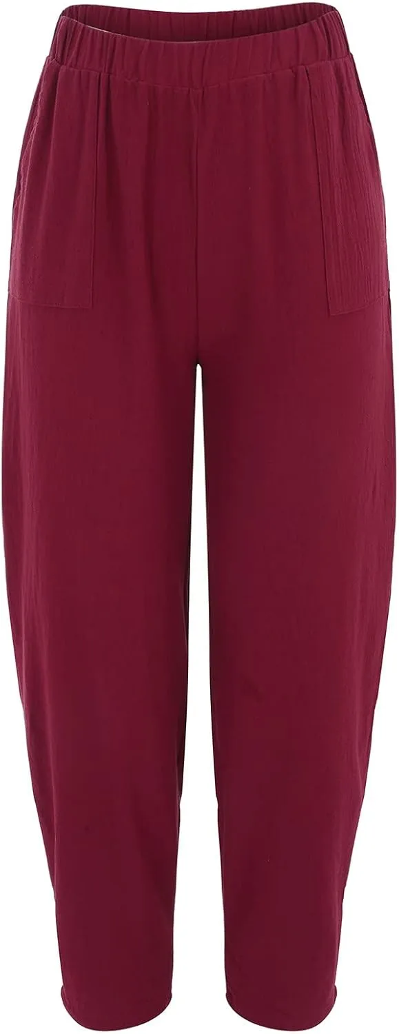 Womens Cotton Linen Harem Pants High Waisted Loose Fit Casual Trousers Elastic 2025 Summer Beach Palazzo Pants Pockets