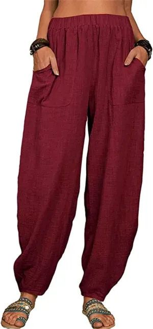Womens Cotton Linen Harem Pants High Waisted Loose Fit Casual Trousers Elastic 2025 Summer Beach Palazzo Pants Pockets