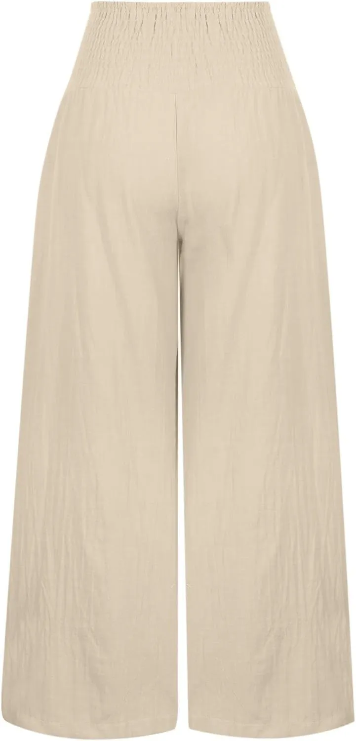 Womens Cotton Linen Palazzo Pants Loose Elastic High Waist Trousers Wide Leg Beach Pant Solid Vacation Casual Outfits
