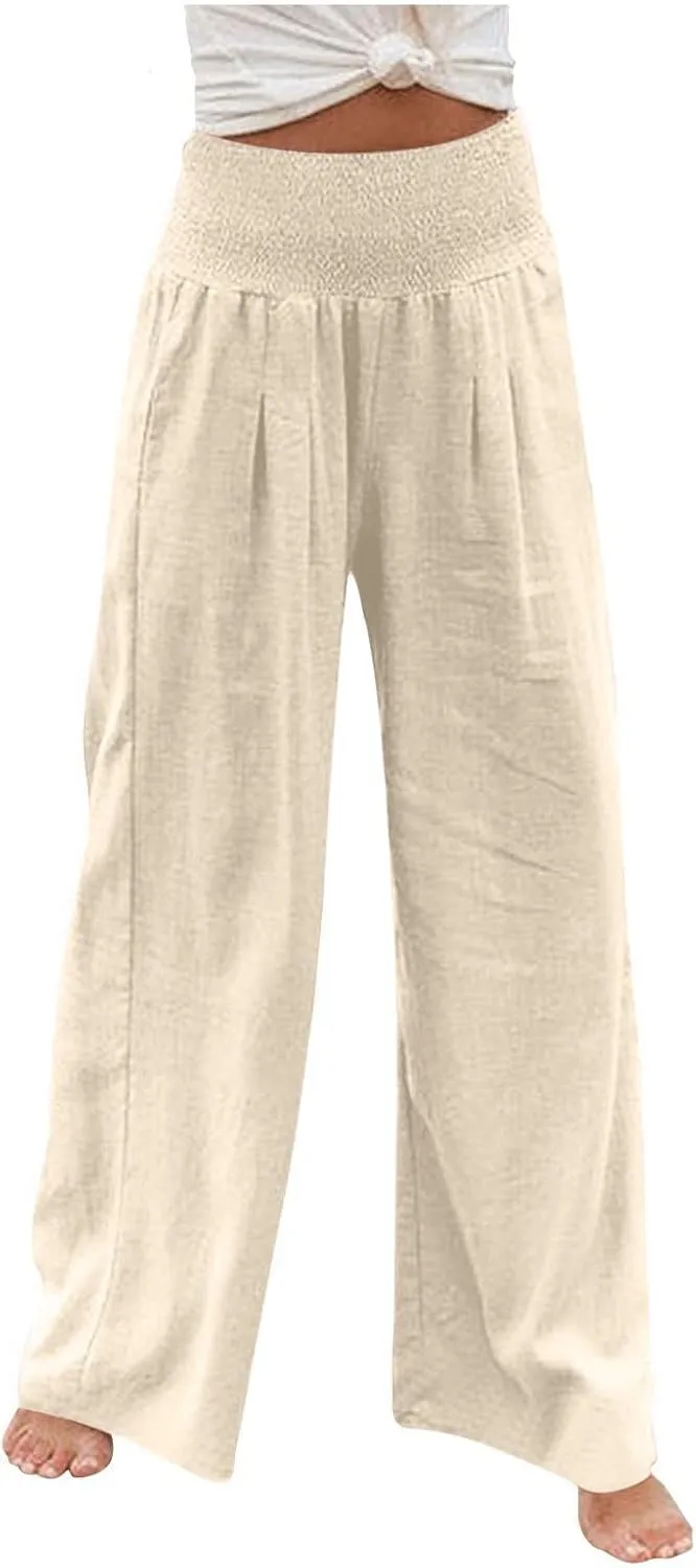 Womens Cotton Linen Palazzo Pants Loose Elastic High Waist Trousers Wide Leg Beach Pant Solid Vacation Casual Outfits