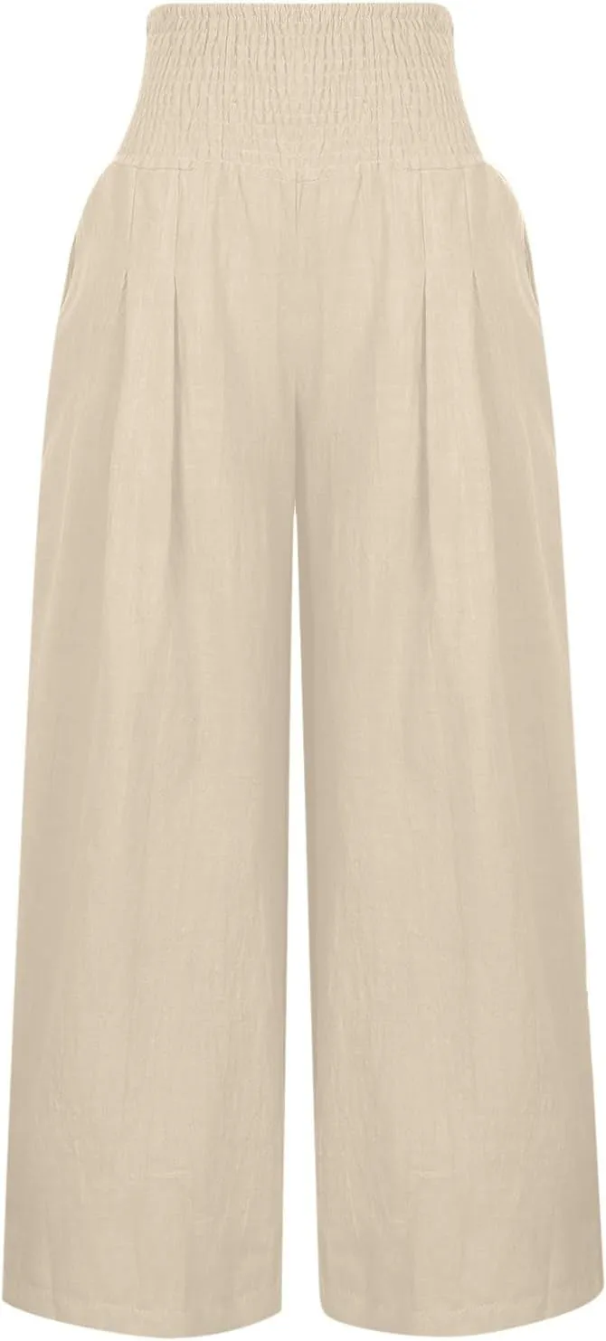 Womens Cotton Linen Palazzo Pants Loose Elastic High Waist Trousers Wide Leg Beach Pant Solid Vacation Casual Outfits