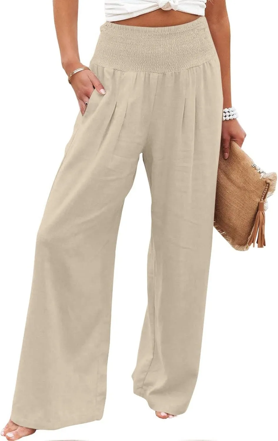 Womens Cotton Linen Palazzo Pants Loose Elastic High Waist Trousers Wide Leg Beach Pant Solid Vacation Casual Outfits
