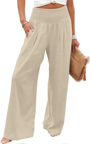 Womens Cotton Linen Palazzo Pants Loose Elastic High Waist Trousers Wide Leg Beach Pant Solid Vacation Casual Outfits