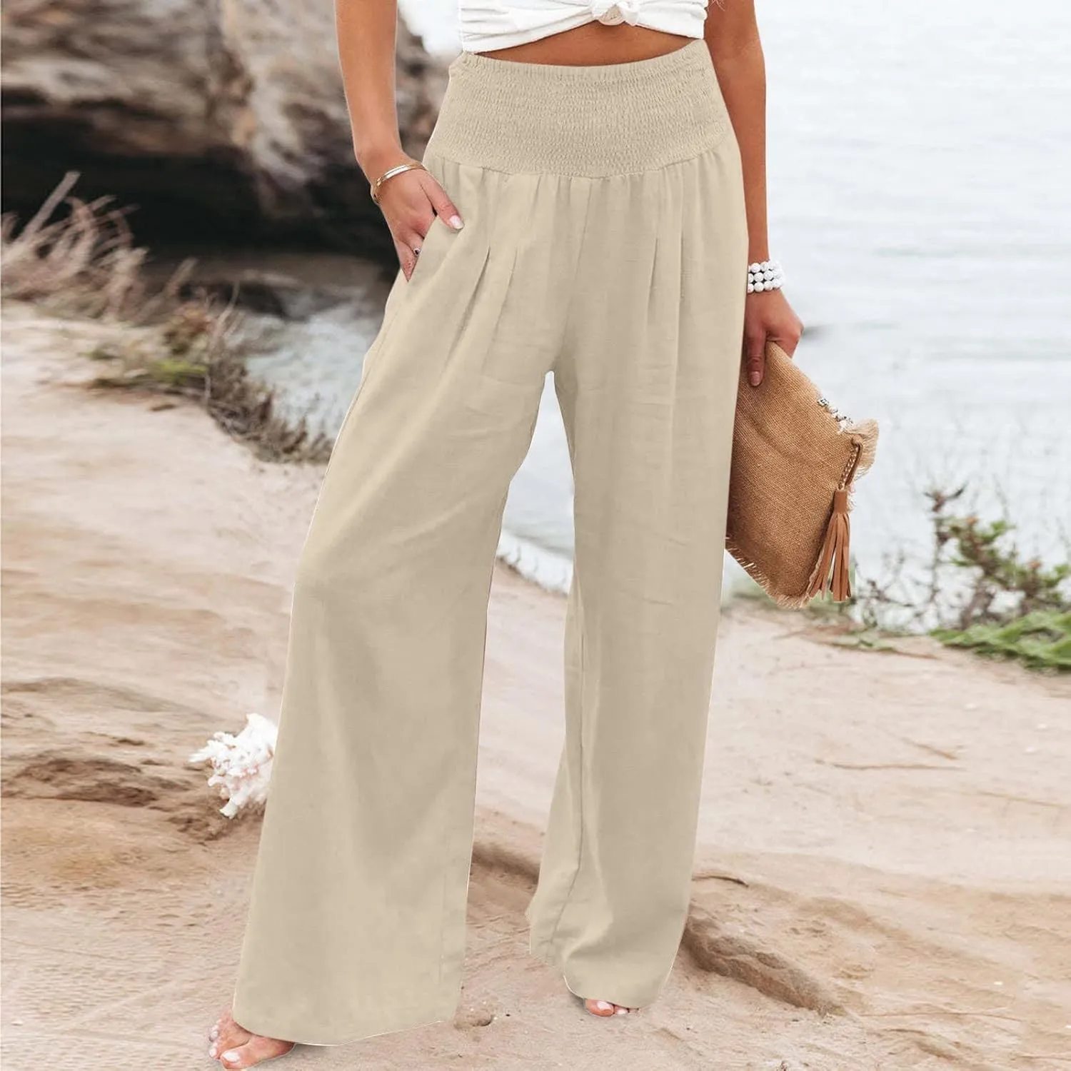 Womens Cotton Linen Palazzo Pants Loose Elastic High Waist Trousers Wide Leg Beach Pant Solid Vacation Casual Outfits