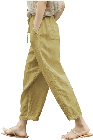 Womens Cotton Linen Pants 2025 Summer Wide Leg Casual Loose Pants with Pocket Drawstring High Waist Palazzo Trousers