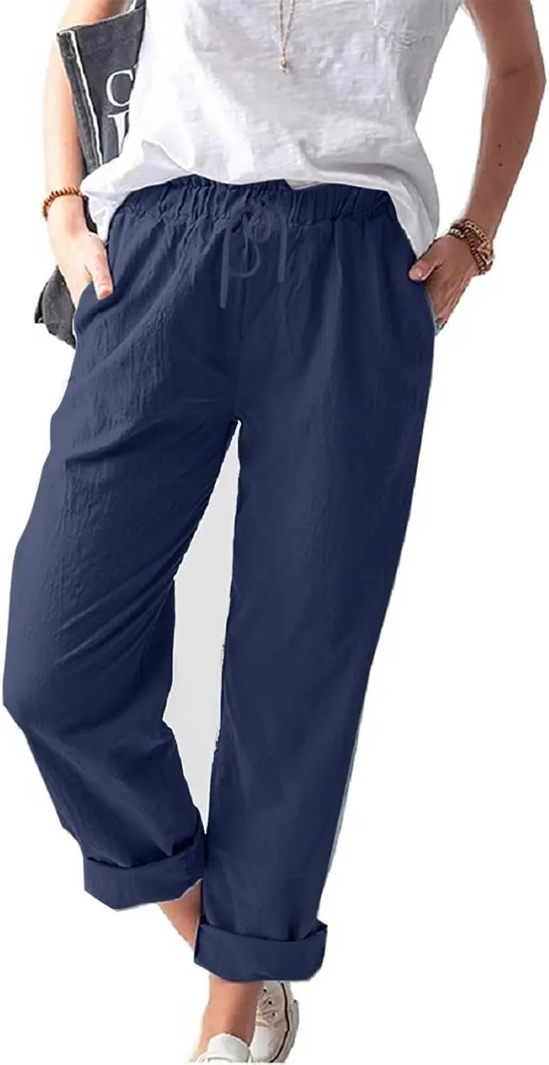 Womens Cotton Linen Pants Drawstring Elastic Waist Loose 2025 Summer Pants Lightweight Casual Comfy Long Trousers
