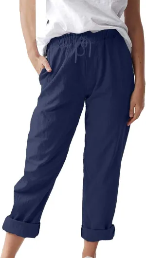 Womens Cotton Linen Pants Drawstring Elastic Waist Loose 2025 Summer Pants Lightweight Casual Comfy Long Trousers