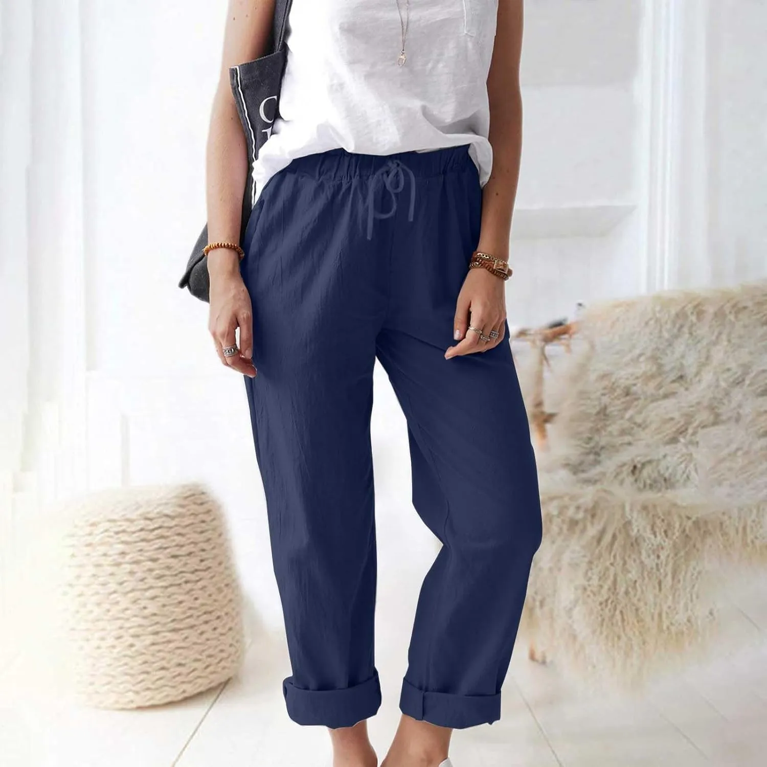 Womens Cotton Linen Pants Drawstring Elastic Waist Loose 2025 Summer Pants Lightweight Casual Comfy Long Trousers