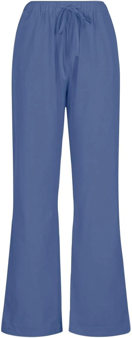 Women's Cotton Linen Pants Elastic High Waist Drawstring Wide Leg Palazzo Trousers with Pockets Vacation Outfits