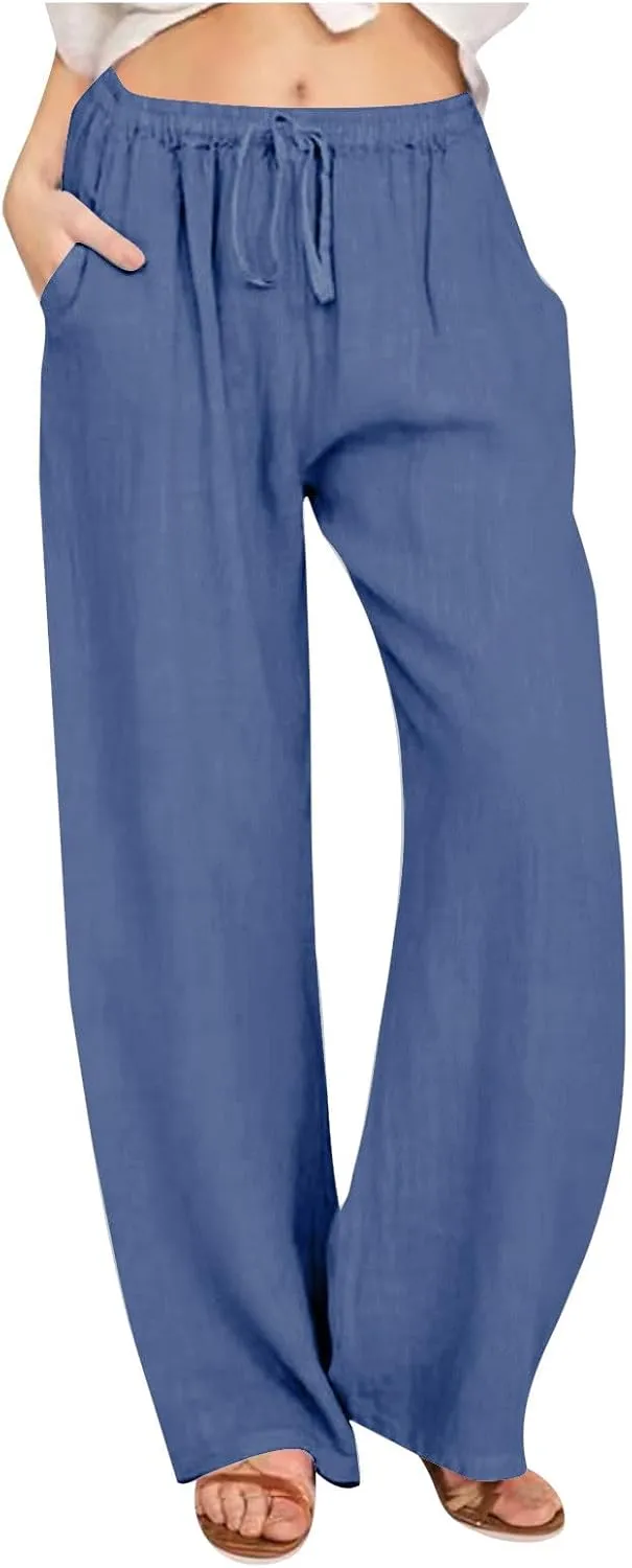 Women's Cotton Linen Pants Elastic High Waist Drawstring Wide Leg Palazzo Trousers with Pockets Vacation Outfits