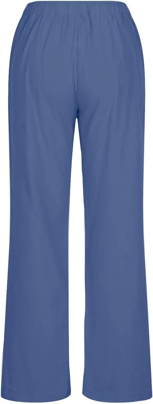 Women's Cotton Linen Pants Elastic High Waist Drawstring Wide Leg Palazzo Trousers with Pockets Vacation Outfits