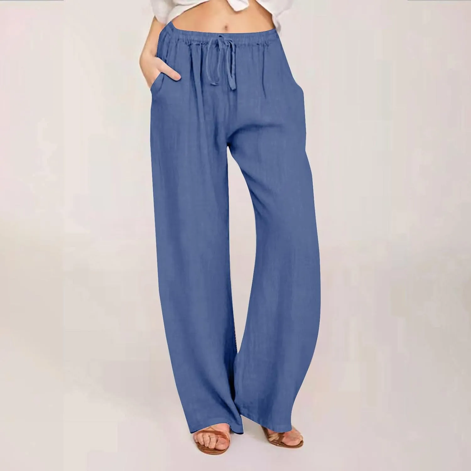 Women's Cotton Linen Pants Elastic High Waist Drawstring Wide Leg Palazzo Trousers with Pockets Vacation Outfits