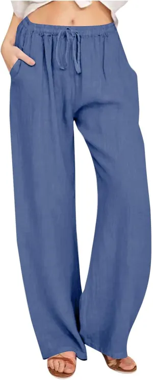 Women's Cotton Linen Pants Elastic High Waist Drawstring Wide Leg Palazzo Trousers with Pockets Vacation Outfits