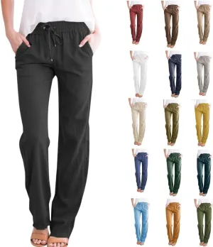 Women's Cotton Linen Pants High Waisted Drawstring Wide Leg Pants with Pockets Summer Casual Loose Trousers for Women