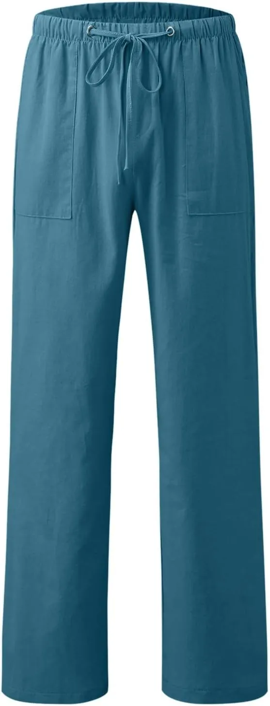 Womens Cotton Linen Pants High Waisted Wide Leg Casual Loose Summer Drawstring Lounge Pants Elastic Waist Lounge Pant
