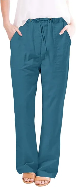 Womens Cotton Linen Pants High Waisted Wide Leg Casual Loose Summer Drawstring Lounge Pants Elastic Waist Lounge Pant