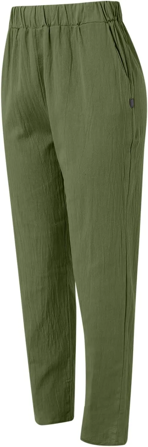 Women's Cotton Linen Pants Summer Casual Baggy Wide Leg Elastic High Waist Beach Slacks Stripe Printed Capri Trousers