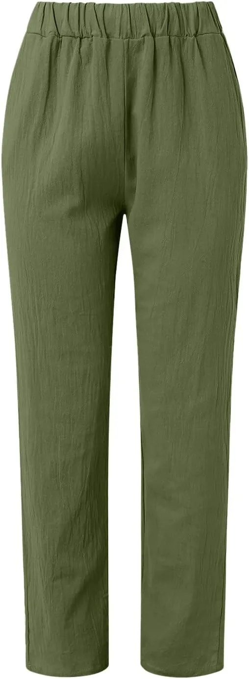 Women's Cotton Linen Pants Summer Casual Baggy Wide Leg Elastic High Waist Beach Slacks Stripe Printed Capri Trousers