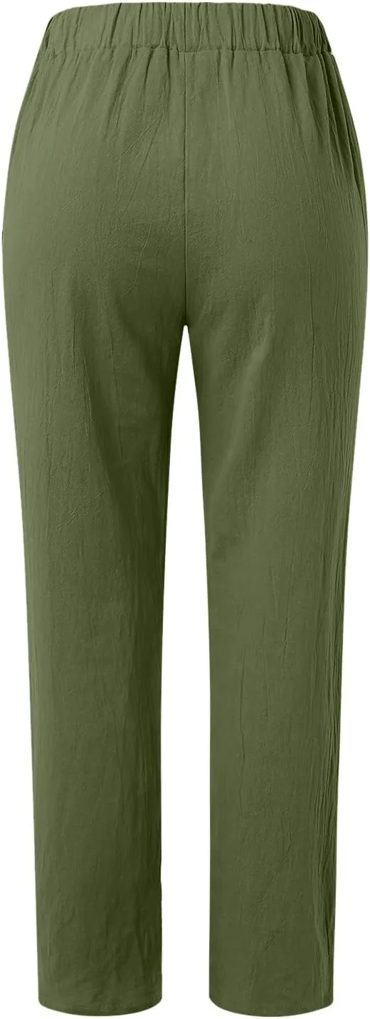 Women's Cotton Linen Pants Summer Casual Baggy Wide Leg Elastic High Waist Beach Slacks Stripe Printed Capri Trousers