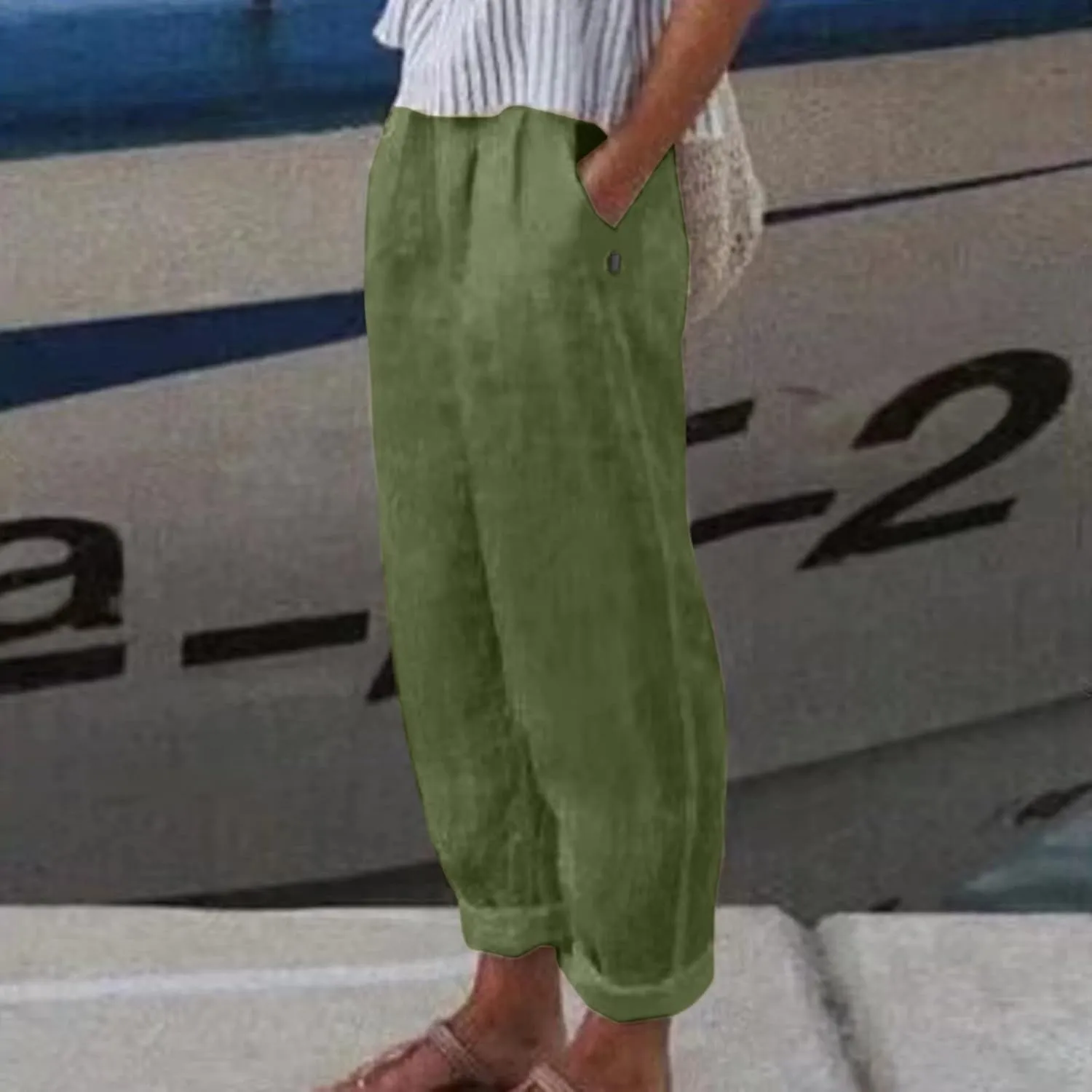 Women's Cotton Linen Pants Summer Casual Baggy Wide Leg Elastic High Waist Beach Slacks Stripe Printed Capri Trousers